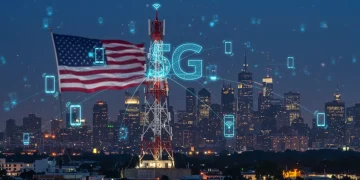 Futuristic 5G network tower with data streams connecting devices in a U.S. cityscape, symbolizing telecommunications upgrade.