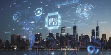 Futuristic cityscape with AI data streams symbolizing economic growth from AI integration