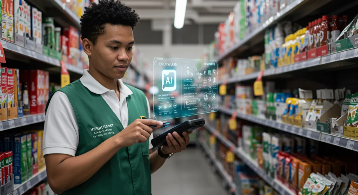 Retail employee using AI device for efficient inventory management and stock level optimization.