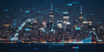 Futuristic city with AI integration and market shift graphs