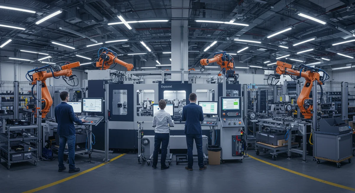 AI-powered robots and human workers collaborating in a modern factory setting