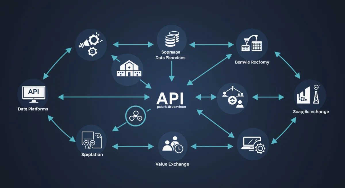 Diagram showing data and service flow through APIs, representing seamless integration and value exchange across platforms.