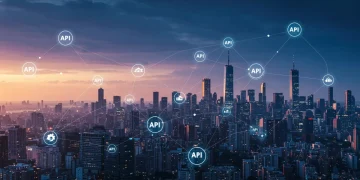Futuristic cityscape with digital connections, symbolizing the API economy's interconnected value for US enterprises.
