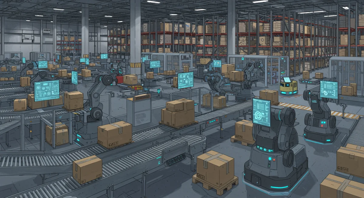 Automated robots in a modern warehouse optimizing logistics operations