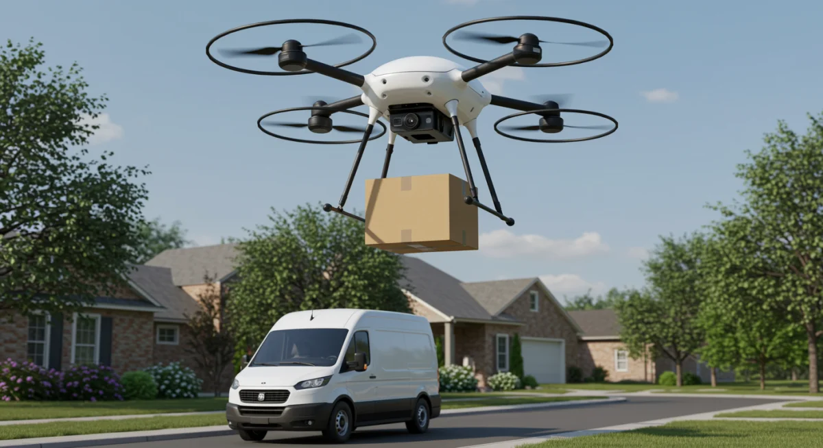 Autonomous delivery drone dropping package in suburban neighborhood