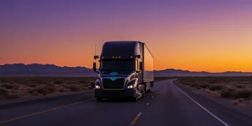 Futuristic autonomous semi-truck on US highway at sunset