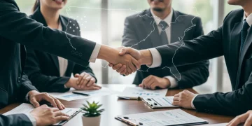 Business leaders shaking hands over a US map, symbolizing successful strategic partnerships and growth.