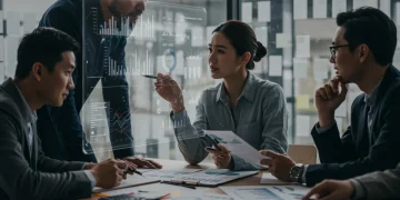 Business team analyzing market data for brand repositioning strategy in the US