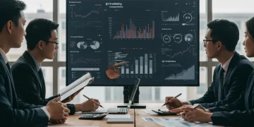 Business team analyzing Q1 2025 financial data on screens, discussing strategic plans