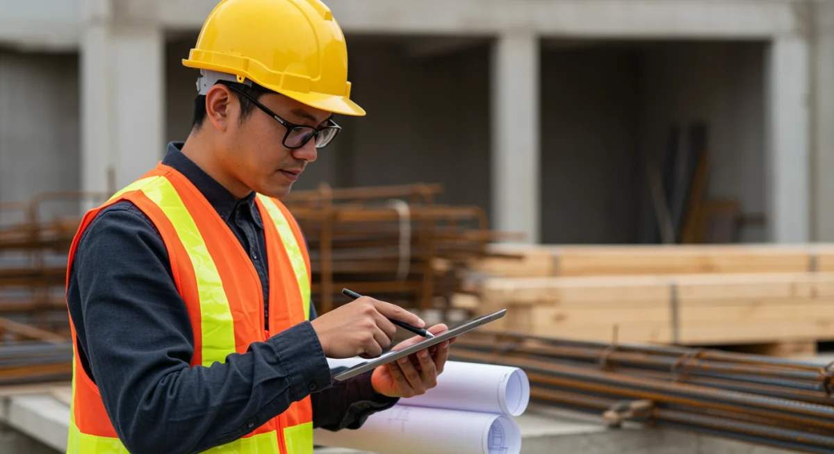 Construction worker reviewing blueprints amidst lumber and steel on a U.S. site.