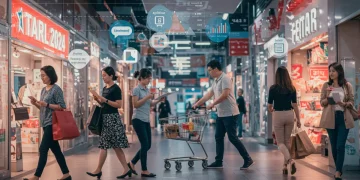 Diverse shoppers in a mall, with digital overlays of economic charts and retail sales data.