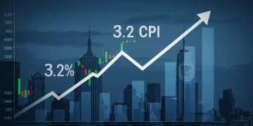 Inflation rate graph showing a 3.2% CPI increase, with economic indicators and Federal Reserve imagery.