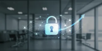 Digital padlock securing data network, symbolizing cybersecurity protecting U.S. enterprise spending growth.