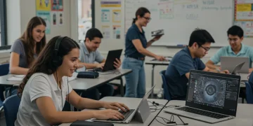 Digital classroom with students using learning platforms