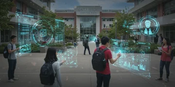 Futuristic EdTech campus with students using AI learning tools.