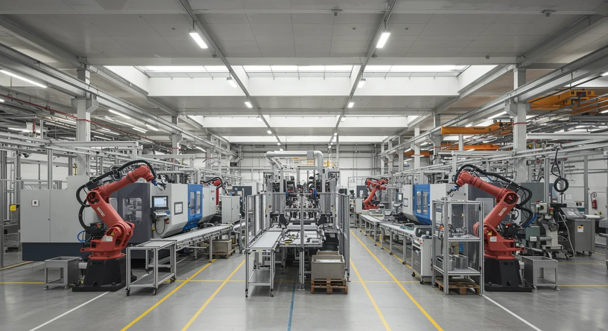 Modern factory floor with energy-efficient machines, showcasing operational efficiency.