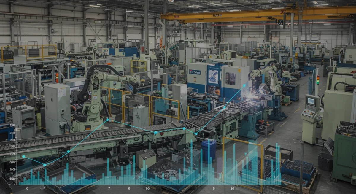 Factory floor with machinery and rising cost graphs, representing manufacturing costs