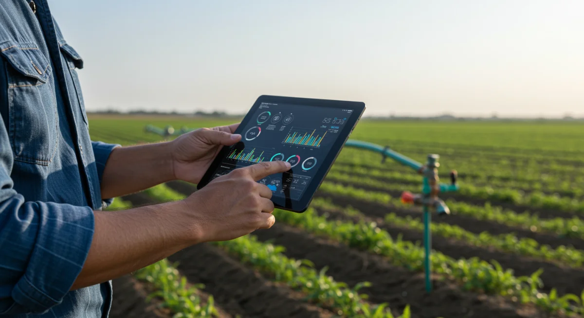 Farmer using a tablet for real-time farm data analytics and sensor monitoring