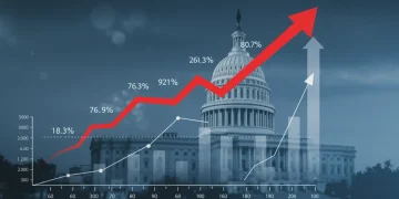 Stylized graphic depicting rising interest rates impacting business investment and economic growth in the US.