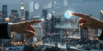Financial dashboard with US cityscape, hands interacting with holographic business plan, symbolizing strategic foresight.