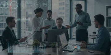 Diverse professionals collaborating in a modern, tech-enabled US office, symbolizing future work efficiency.