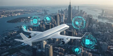 Futuristic aircraft with digital overlays symbolizing U.S. aerospace innovation and advanced technologies.