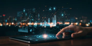 Futuristic digital banking interface on a tablet, symbolizing fintech innovation