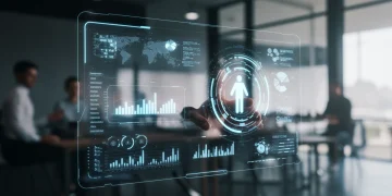 Futuristic digital banking interface with holographic screen and diverse users