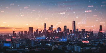 Futuristic city with digital connections representing 2025 digital transformation in US businesses