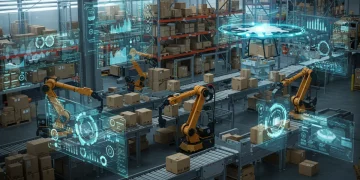 Futuristic e-commerce logistics warehouse with AI robots and drones