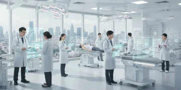 Doctors interacting with holographic screens in a high-tech 2025 hospital, symbolizing healthcare innovation.