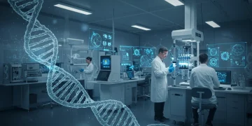 Scientists working with advanced gene-editing technology in a modern lab.