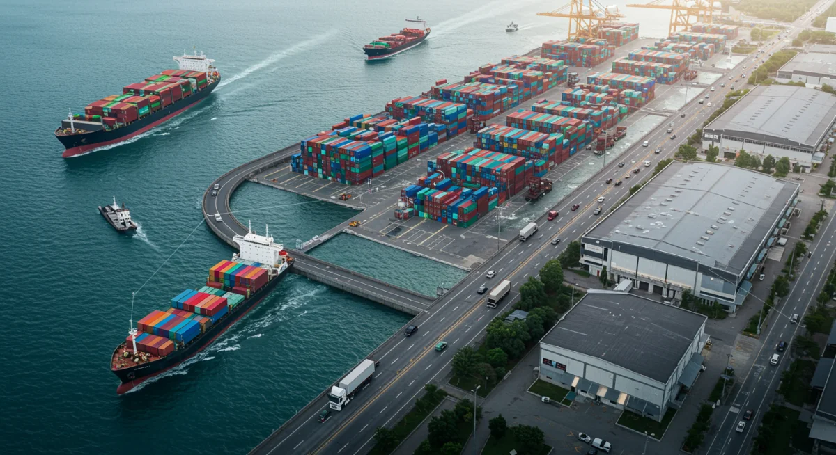 Complex global supply chain network with cargo ships, trucks, and warehouses, illustrating logistics challenges.