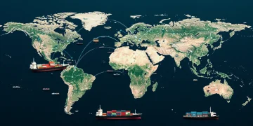 Global supply chain network with interconnected ships, trucks, and data flows impacting the U.S. economy