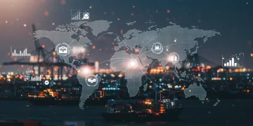 Global supply chain network with digital overlays showing resilience strategies and data analytics for 2025.