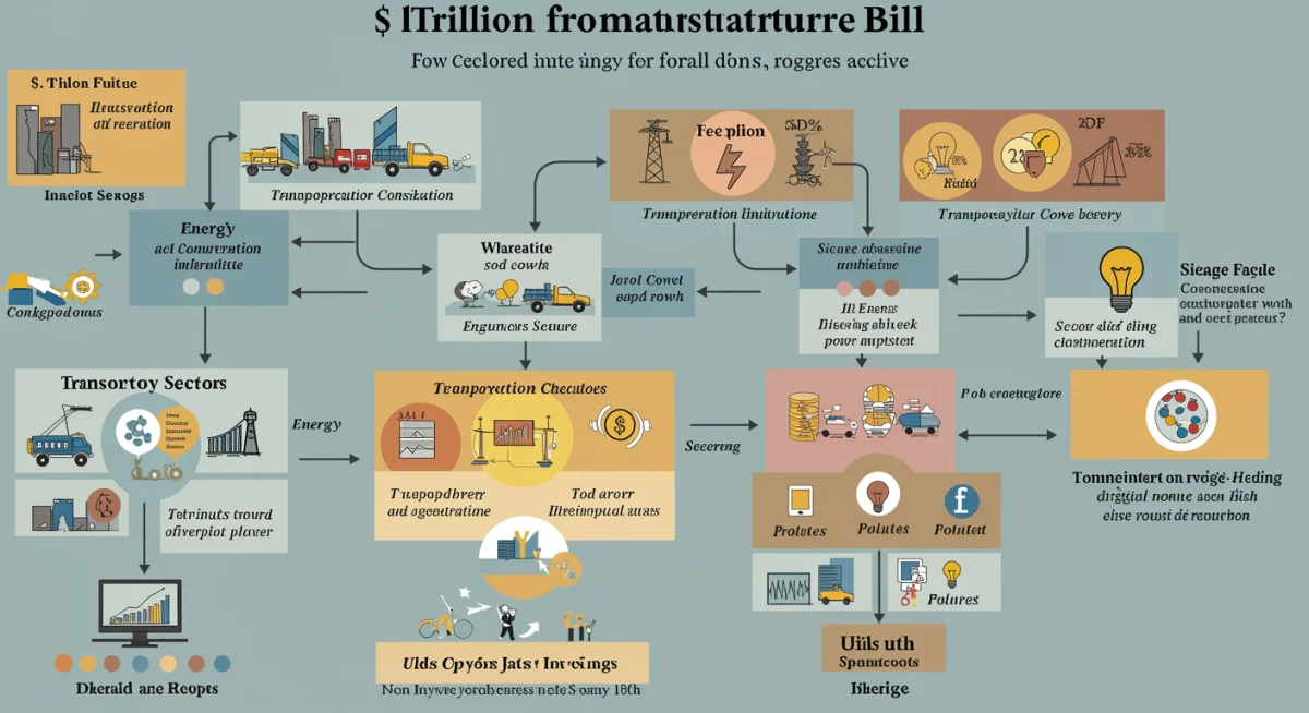 Infographic showing fund allocation of infrastructure bill across transportation, energy, and digital sectors.