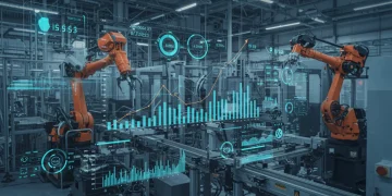 Industrial factory floor with machinery, workers, and digital screens showing positive economic indicators.