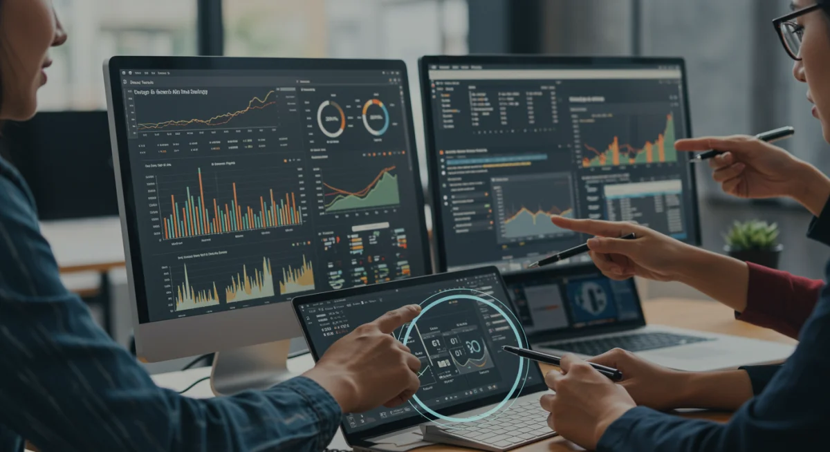 Marketing team analyzing real-time data on dashboards to optimize campaign performance.