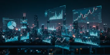 Futuristic digital city with holographic displays symbolizing the vibrant metaverse economy and virtual asset growth.