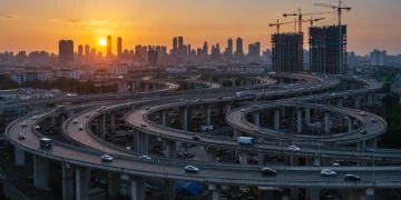 Modern infrastructure with highways, bridges, and city skyline, depicting economic growth and development.