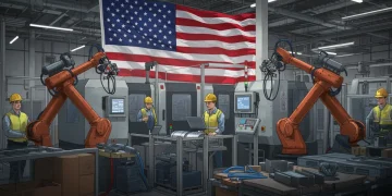 Modern factory floor with robotics symbolizing U.S. manufacturing reshoring and innovation.