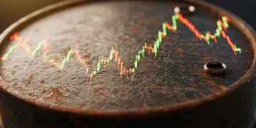 Financial charts overlaid on an oil barrel, symbolizing oil futures volatility