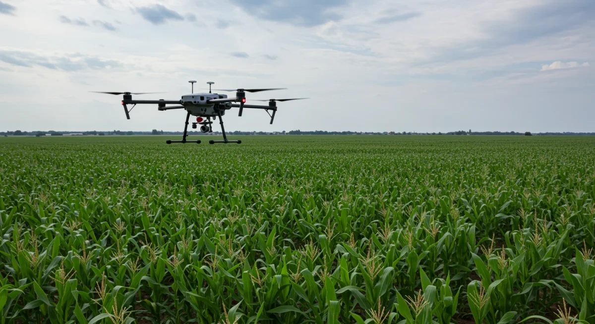 Precision agriculture drone monitoring cornfield for optimal growth