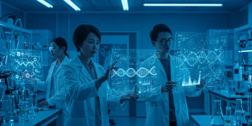 Scientists analyzing genomic data in a futuristic lab for precision medicine