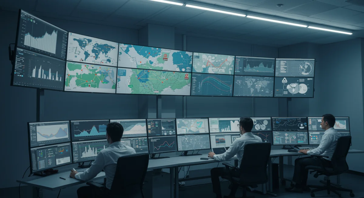 Control room displaying real-time supply chain analytics and risk monitoring.