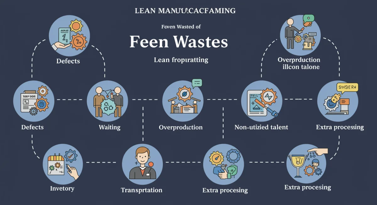 Infographic detailing the seven wastes (Muda) in manufacturing, illustrating common inefficiencies.