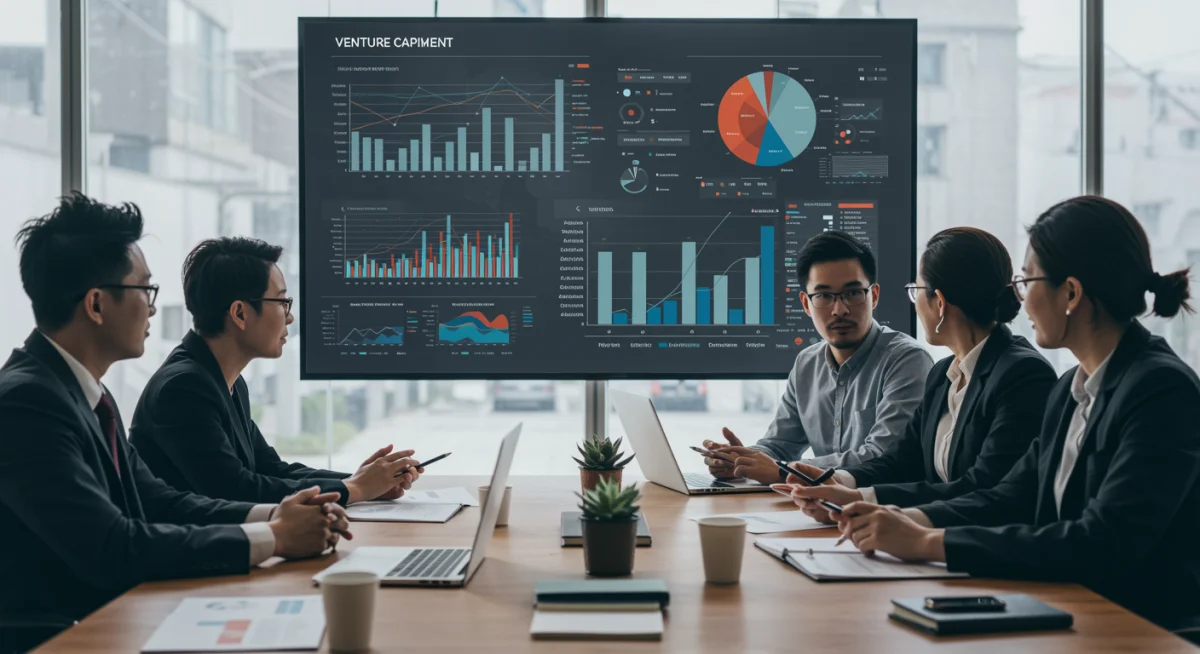 Professionals discussing venture capital investment strategies and economic forecasts