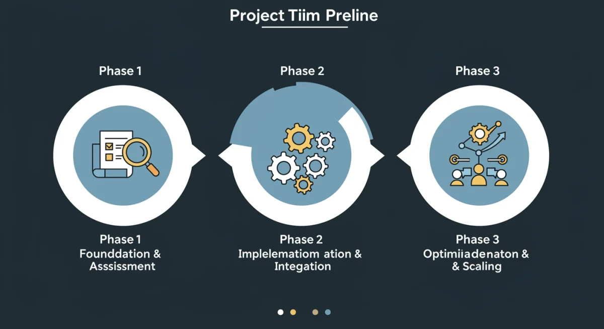 Three-phase digital transformation strategy timeline showing assessment, implementation, and optimization