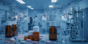 Scientists analyzing biotechnological data in a cutting-edge U.S. pharmaceutical laboratory.