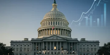 US Capitol with digital financial data overlays symbolizing the FY2025 federal budget and economic stimulus.